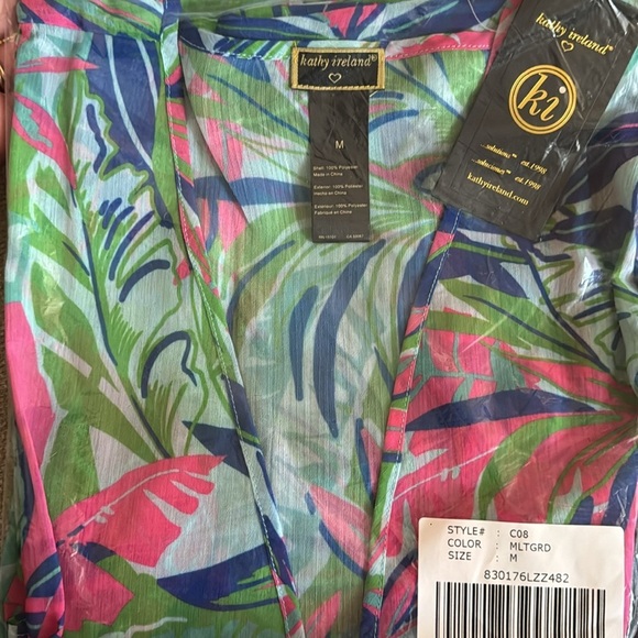 Kathy Ireland Swim Cover Up Chiffon Ruffle Tropical Print Green Blue Pink  M - Picture 3 of 3